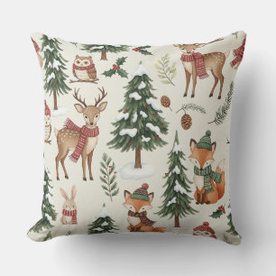 White Christmas Woodland Fox Deer Bunny Pattern Cushion