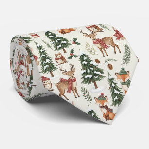 White Christmas Woodland Fox Deer Bunny Pattern Tie
