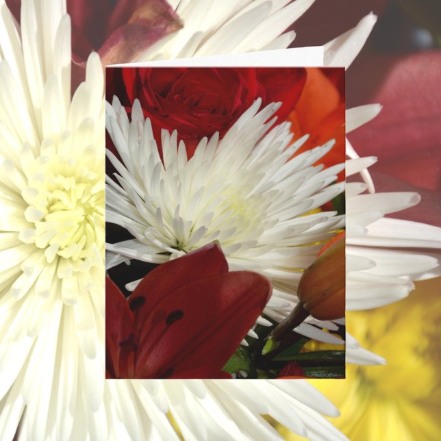 White Chrysanthemum among Red and Orange Flowers Note Card (Creator Uploaded)