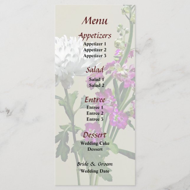 White Chrysanthemum and Purple Snapdragons Menu (Front)
