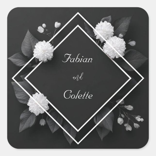 White Chrysanthemum & Black Diamond Frame Wedding Square Sticker (Front)