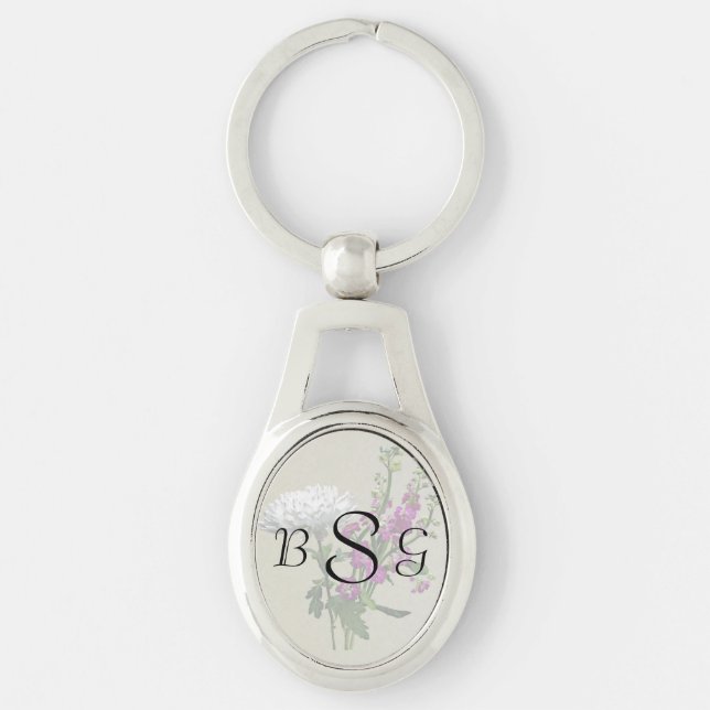 White Chrysanthemums and Purple Snapdragons Key Ring (Front)