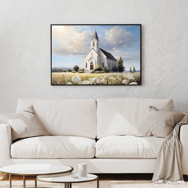 White Church in a Floral Field Religious Poster (White Church in a Field Religious Poster)