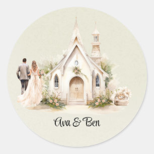 White Church Watercolor Wedding Classic Round Sticker