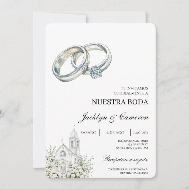 White church with ring Spanish Wedding Invitation (Front)