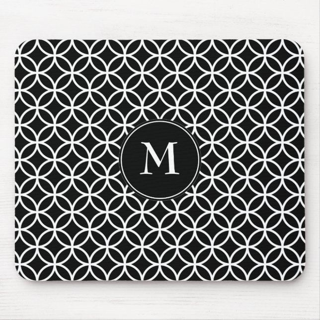 White Circles Overlapping Pattern Black Background Mouse Pad (Front)