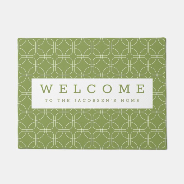White Circles Squares Green Personalised Welcome Doormat (Front)