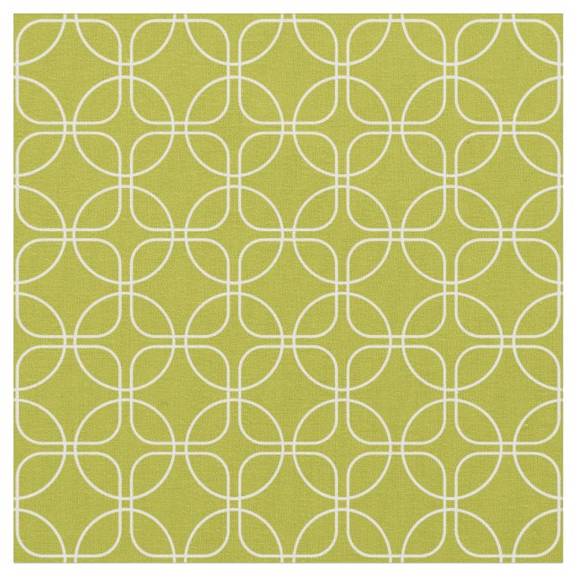 White Circles Squares On Avocado Green Mid Century Fabric (Close Up)
