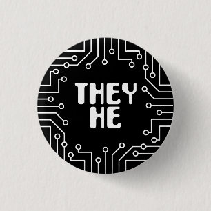 White Circuit Board They/He Pronouns 3 Cm Round Badge