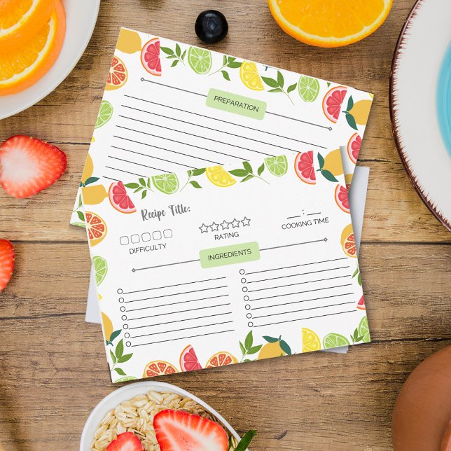 White Citrus Lemon Orange Pattern Family Recipes Card (Creator Uploaded)
