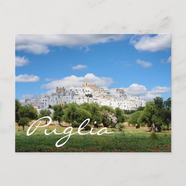 White city and olive trees in Puglia text postcard (Front)
