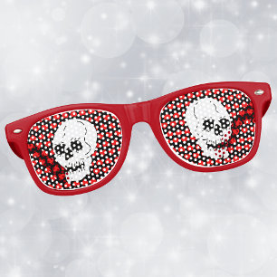 White Classic Skull Red Hearts Retro Sunglasses