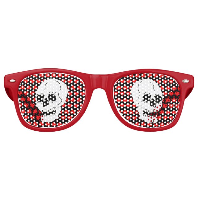 White Classic Skull Red Hearts Retro Sunglasses (Front)