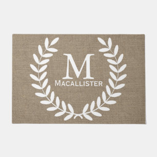 White Classy Laurels & Faux Burlap Family Name Doormat