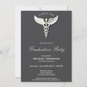 White Clean Caduceus Medical Graduation Invitation