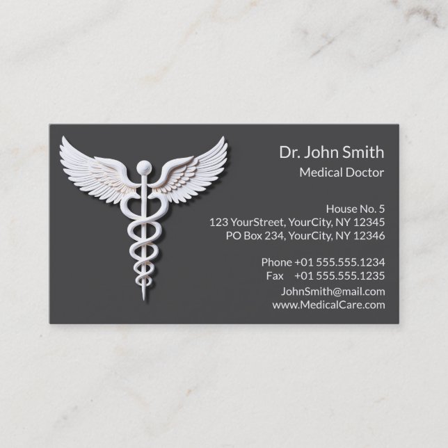 White Clean Detailed Caduceus Anthracite Medical Business Card (Front)