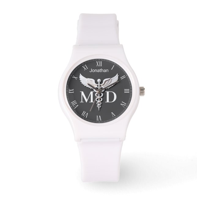 White Clean Detailed Caduceus Medical Doctor MD Watch (Front)