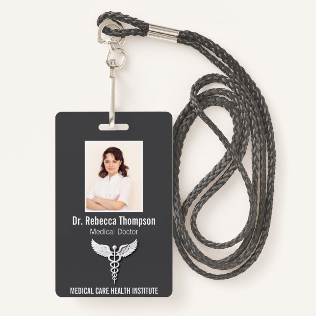 White Clean Detailed Caduceus Medical Photo ID ID Badge (Front with Lanyard)