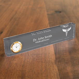 White Clean Detailed Caduceus Warm Grey Medical Nameplate