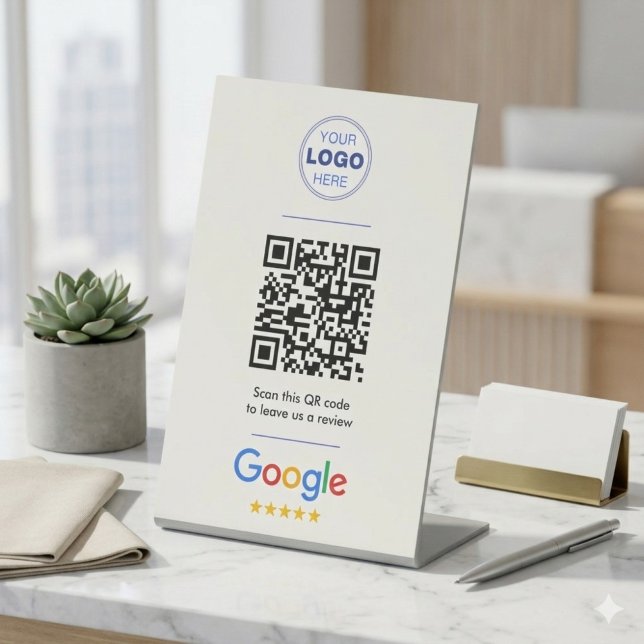 White Clean Google Review QR Code Logo Pedestal Sign (White Minimalist Google Review Sign | QR Code Pedestal Display for Business)