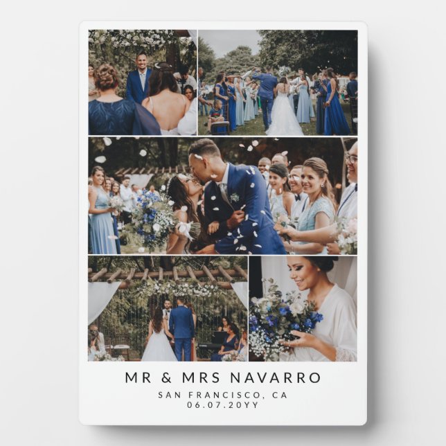 White Clean Mr & Mrs Wedding Photo Collage Plaque (Front)
