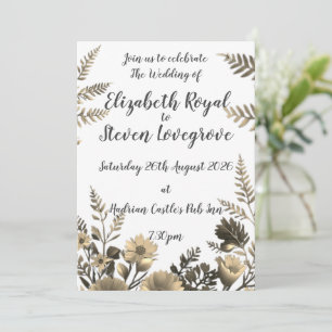 White Clear & Simple Light Golden Floral Wedding Invitation