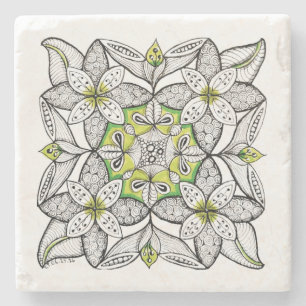 White Clematis Abstract Hand-Drawn Doodle Stone Coaster