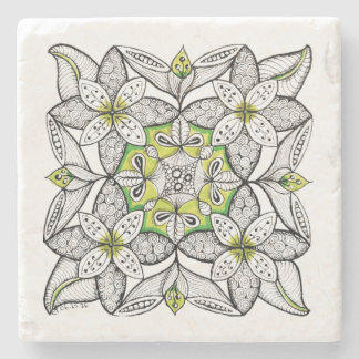 White Clematis Abstract Hand-Drawn Doodle Stone Coaster