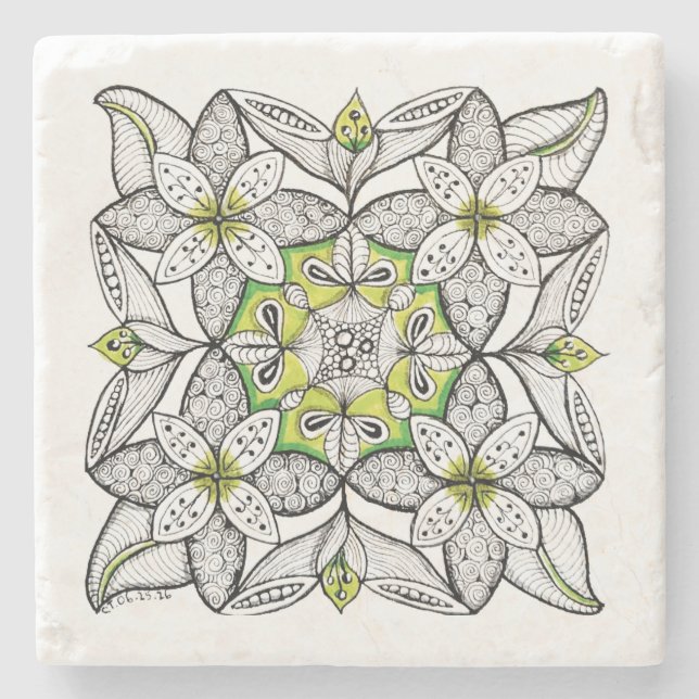 White Clematis Abstract Hand-Drawn Doodle  Stone Coaster (Front)