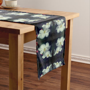 White Clematis Flower Pair Abstract Short Table Runner