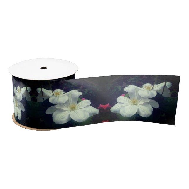 White Clematis Flower Pair  Satin Ribbon (Spool)