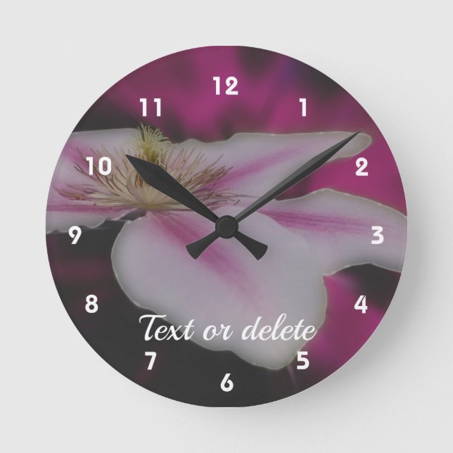 White Clematis Flower Personalised Round Clock (Front)