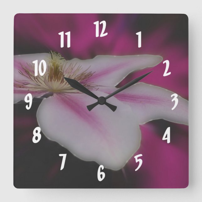 White Clematis Flower Square Wall Clock (Front)