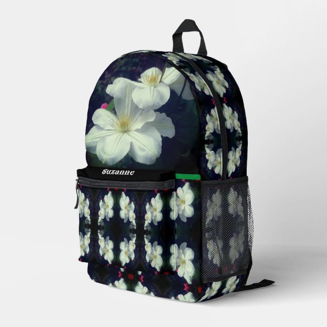 White Clematis Flowers Personalised Printed Backpack (Back Corner Right)