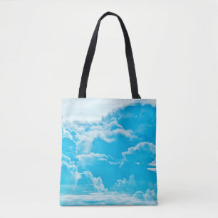 white clouds and bright blue sky background, pano tote bag