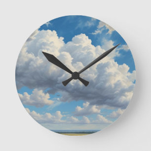 White Clouds and Clear Blue Sky Round Clock