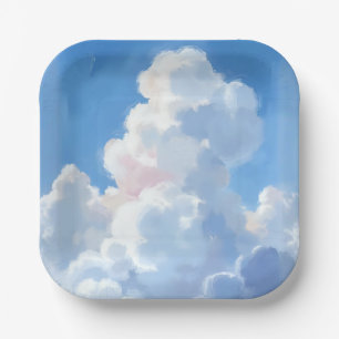 White Clouds Beautiful Blue Sky Watercolor Paper Plate