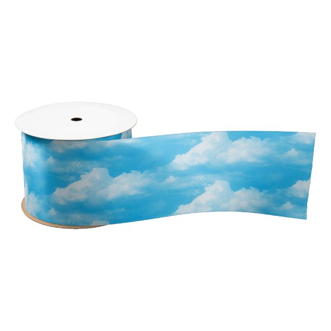 White Clouds on Blue Satin Ribbon (Spool)