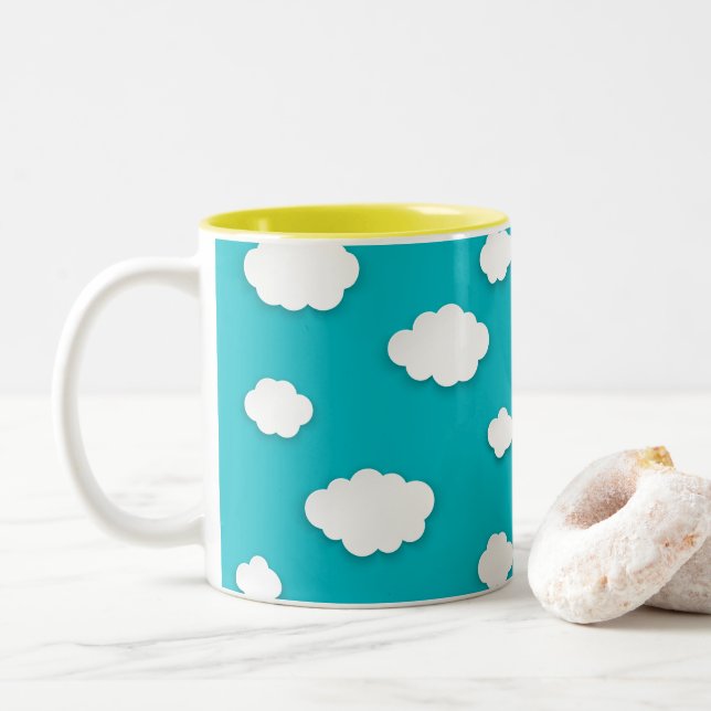 White Clouds on Blue Sky Two-Tone Coffee Mug  (With Donut)