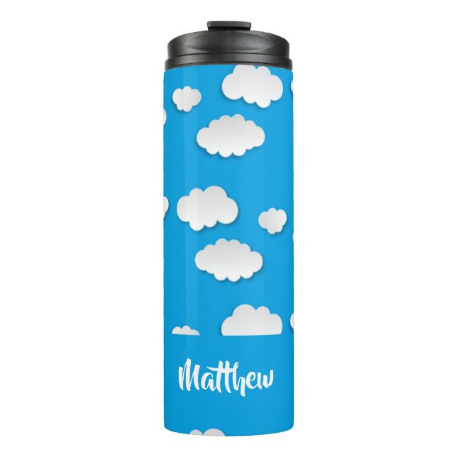White clouds on blue thermal tumbler (Front)