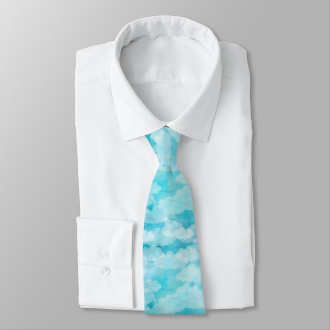 White Clouds Pattern Blue Sky Tie (Tied)