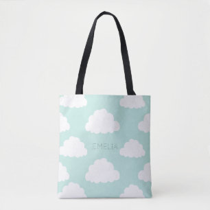 White Clouds Pattern Personalised Aqua Tote Bag