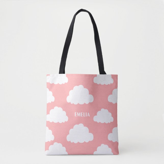 White Clouds Pattern Personalised Blush Pink Tote Bag (Front)