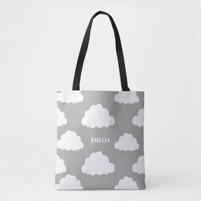 White Clouds Pattern Personalised Grey Tote Bag (Front)