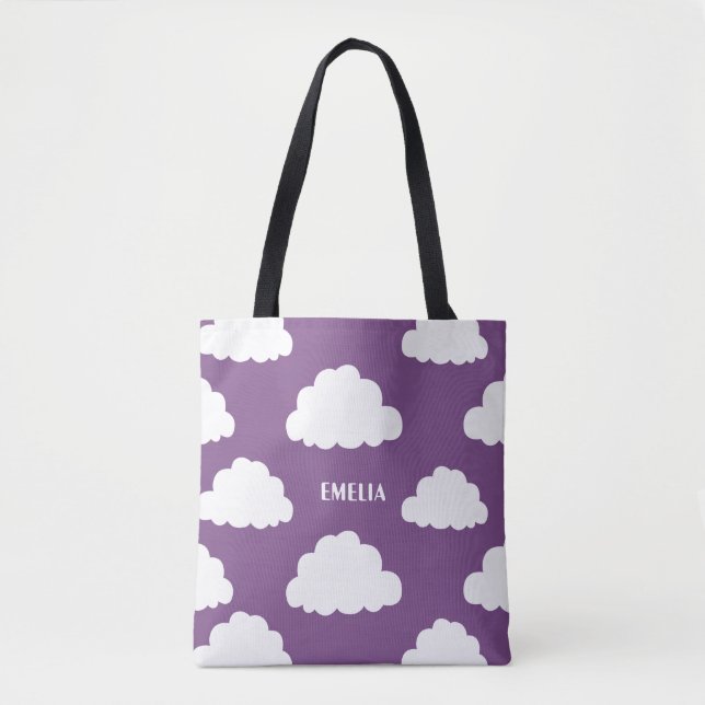 White Clouds Pattern Personalised Purple Tote Bag (Front)
