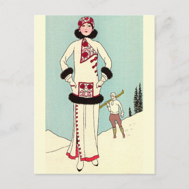 White Coat with Skunk Trim by George Barbier Postcard (Front)