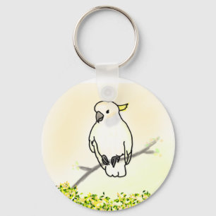 White Cockatoo on Branch Tropical Bird Keychain