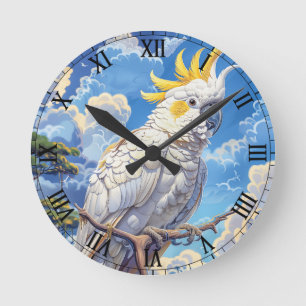 White cockatoo round clock