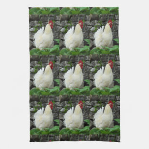 White Cockerels Tea Towel