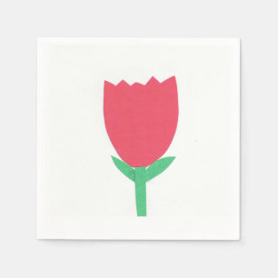 White Cocktail Napkin with a Red Tulip Design